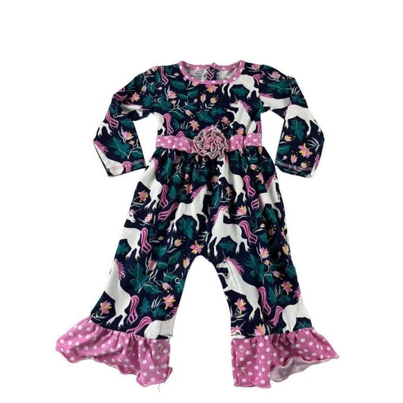 AnnLoren Sara Unicorn Polka Dot Flower One Piece Long Sleeve Romper 18-24 Months - Picture 1 of 8